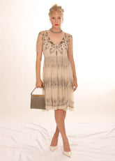 Biya Sheer Nude Netted Heavily Beaded and Embroidered Fit and Flare Boho-Chic Dress